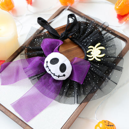 Halloween Dog Collar Costume – Tulle Ruffle Pet Neckwear with Pumpkin, Ghost & Skull Decor