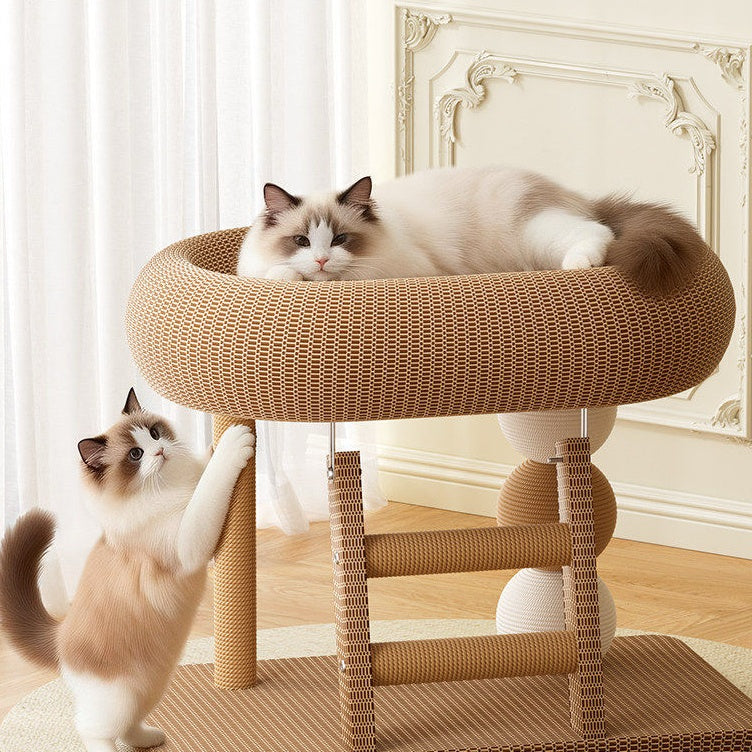 Modern Cat Scratcher Bed Tower – Oval Sisal Scratching Lounge with Cozy Resting Platform