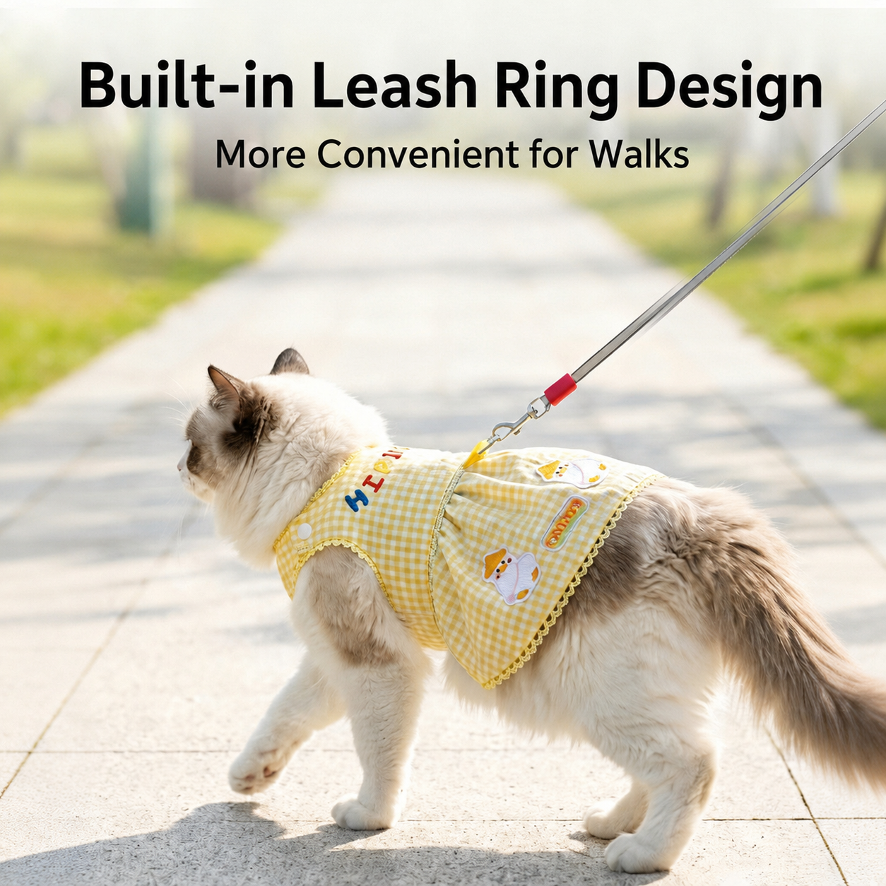 HipiDogs Cat Dress | Cute Gingham Outfit with Leash Attachment Ring
