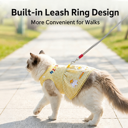 HipiDogs Cat Dress | Cute Gingham Outfit with Leash Attachment Ring