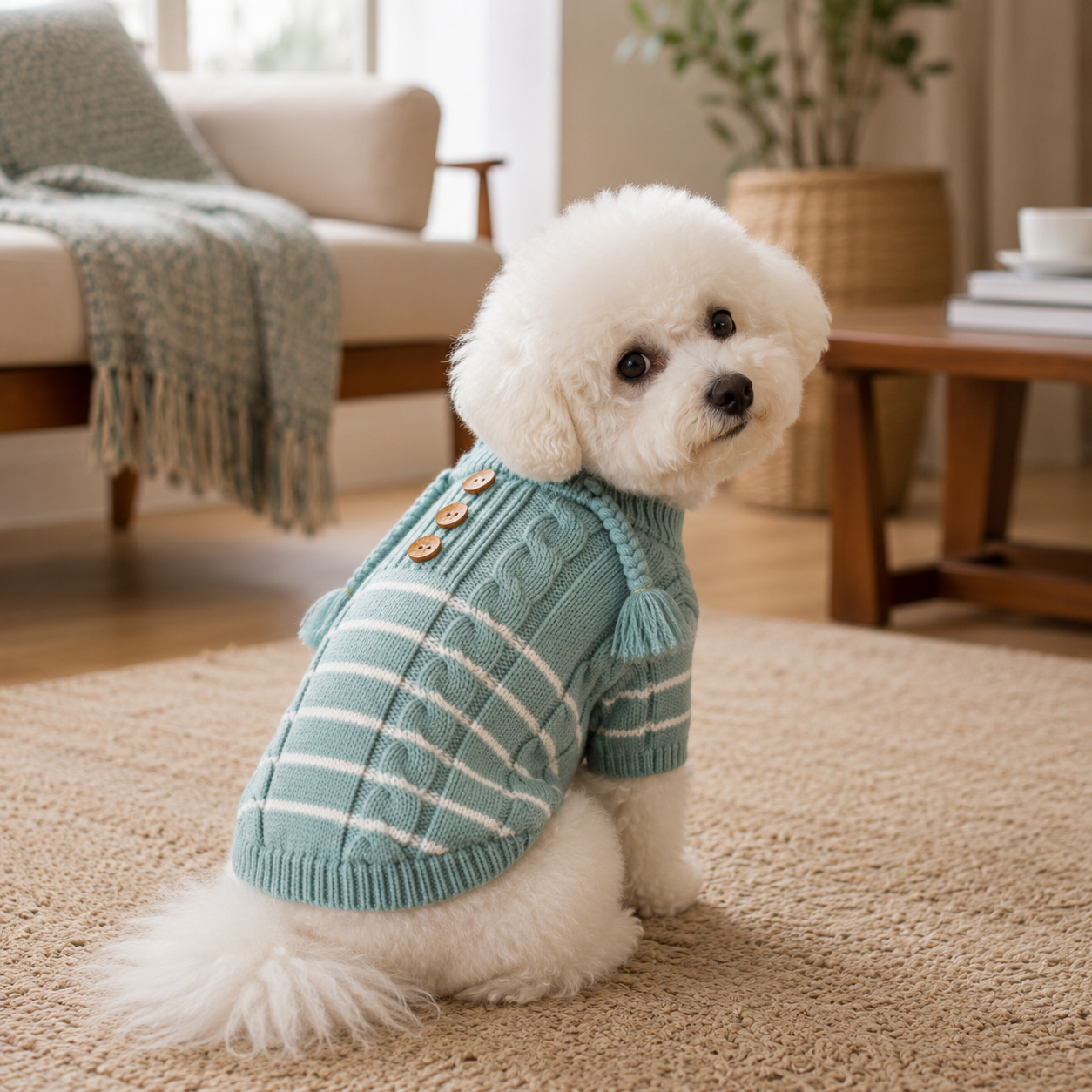 Soft Knitted Dog Sweater – Cable Knit Turtleneck Pullover with Striped Pattern & Tassel Detail
