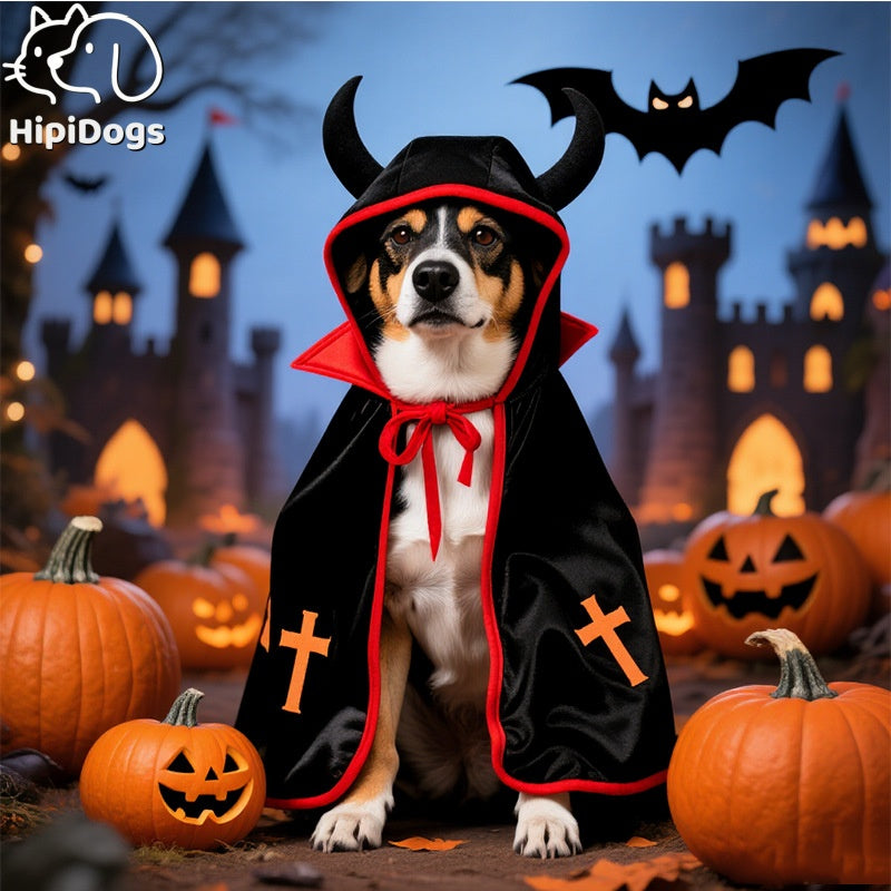 Devil Dog Halloween Costume – Horned Hooded Cape with Pumpkin & Cross Print
