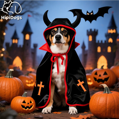 Devil Dog Halloween Costume – Horned Hooded Cape with Pumpkin & Cross Print