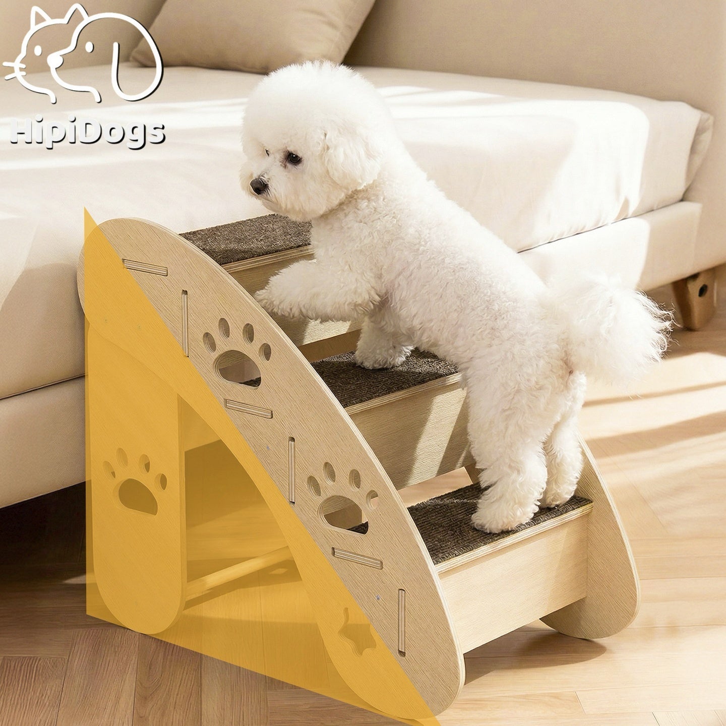 Wooden Pet Ramp & Staircase – Foldable Bedside Steps with Scratch Pads for Dogs and Cats