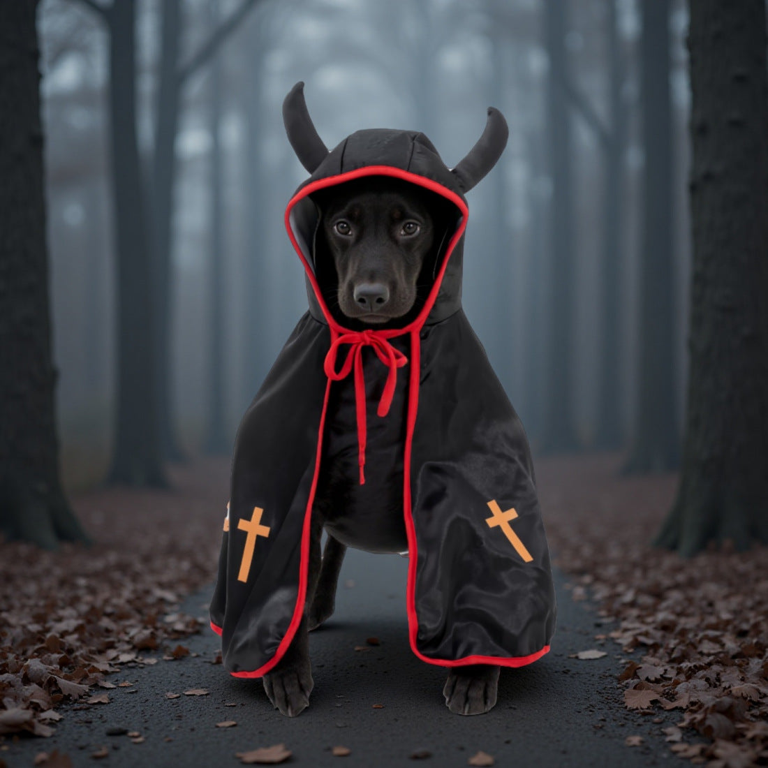 Devil Dog Halloween Costume – Horned Hooded Cape with Pumpkin & Cross Print
