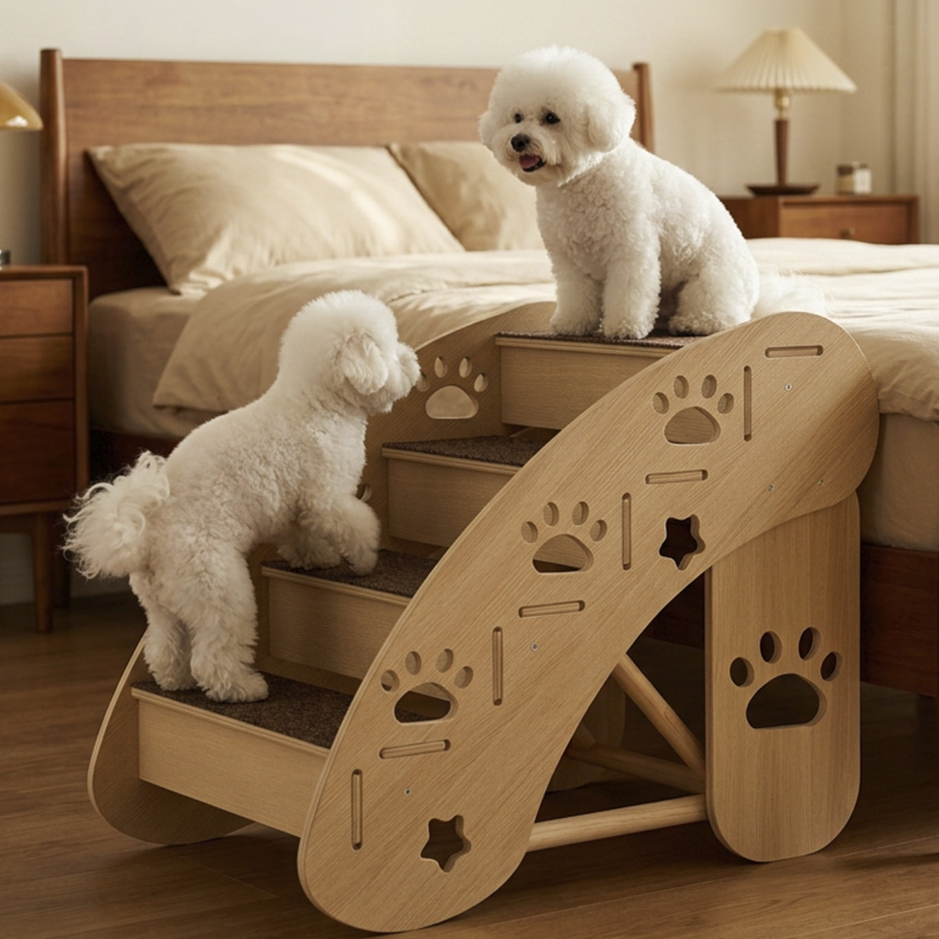 Wooden Pet Ramp & Staircase – Foldable Bedside Steps with Scratch Pads for Dogs and Cats