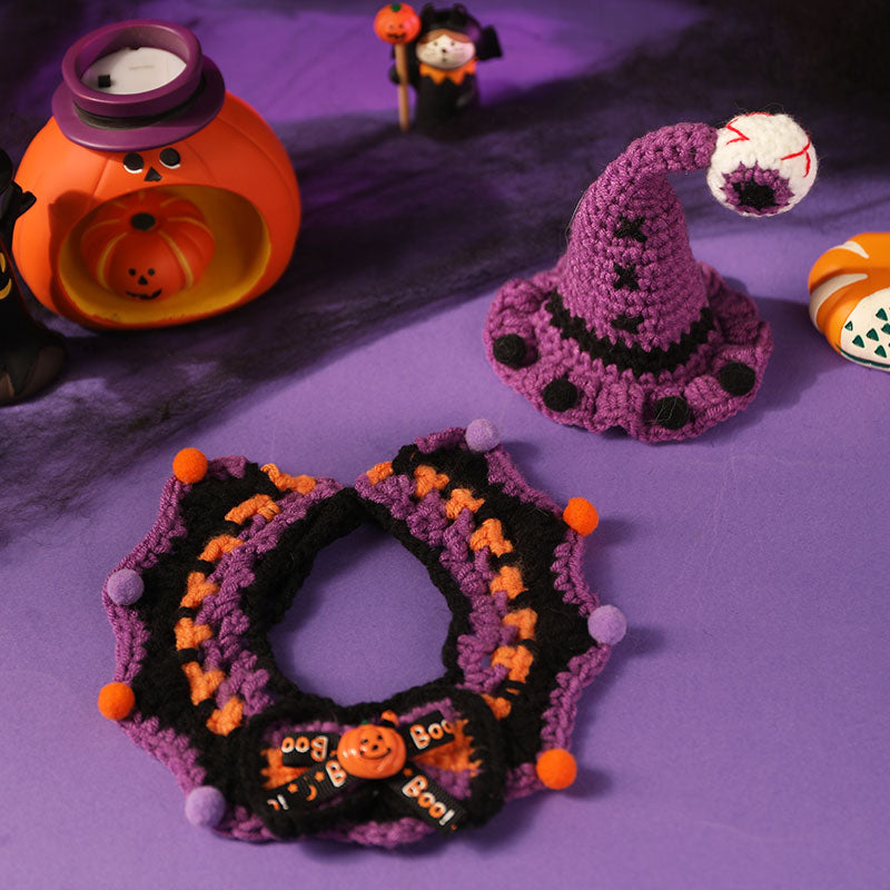Crochet Halloween Cat Collar – Purple Black Ruffle Pet Costume with Pumpkin Bow