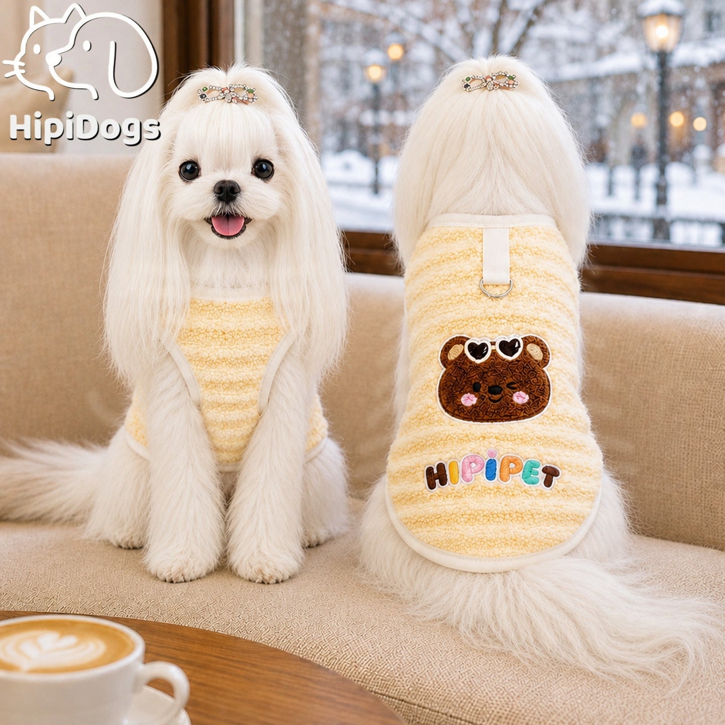 Fuzzy Dog Harness Vest with Cute Character Patch – Cozy Walking Vest with Leash Attachment