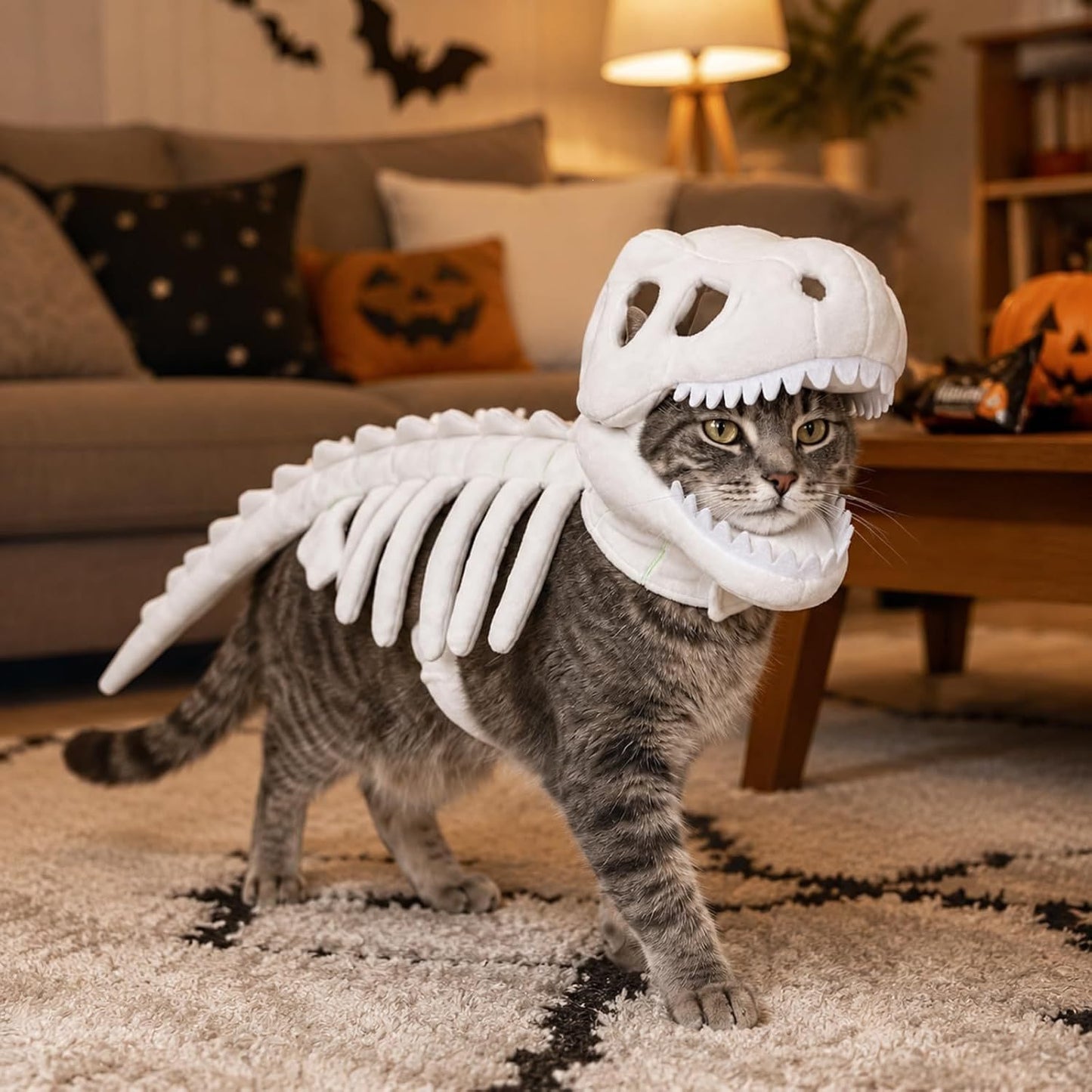 Dinosaur Skeleton Halloween Costume for Cats & Dogs – Funny Pet Costume with 3D Bones