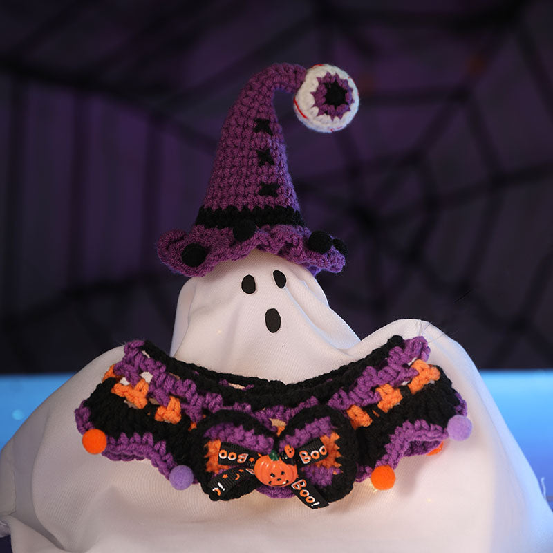 Crochet Halloween Cat Collar – Purple Black Ruffle Pet Costume with Pumpkin Bow