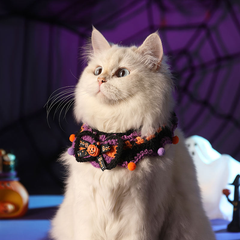 Crochet Halloween Cat Collar – Purple Black Ruffle Pet Costume with Pumpkin Bow