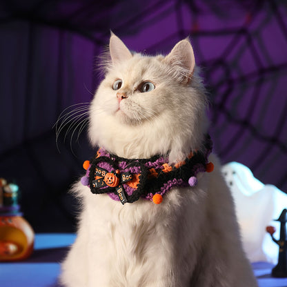 Crochet Halloween Cat Collar – Purple Black Ruffle Pet Costume with Pumpkin Bow