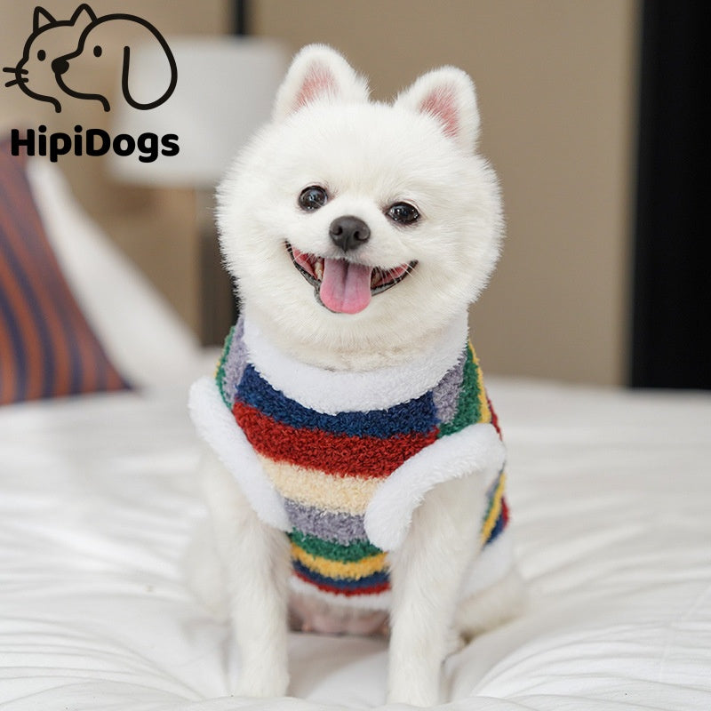 Warm Plush Striped Dog Hoodie – Soft Winter Pet Sweater with Hood for Small Dogs