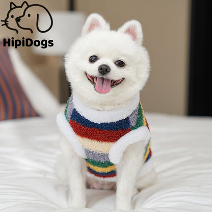 Warm Plush Striped Dog Hoodie – Soft Winter Pet Sweater with Hood for Small Dogs