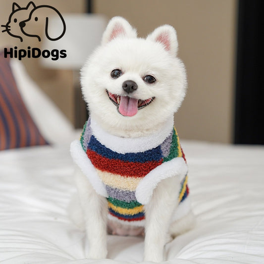 Warm Plush Striped Dog Hoodie – Soft Winter Pet Sweater with Hood for Small Dogs