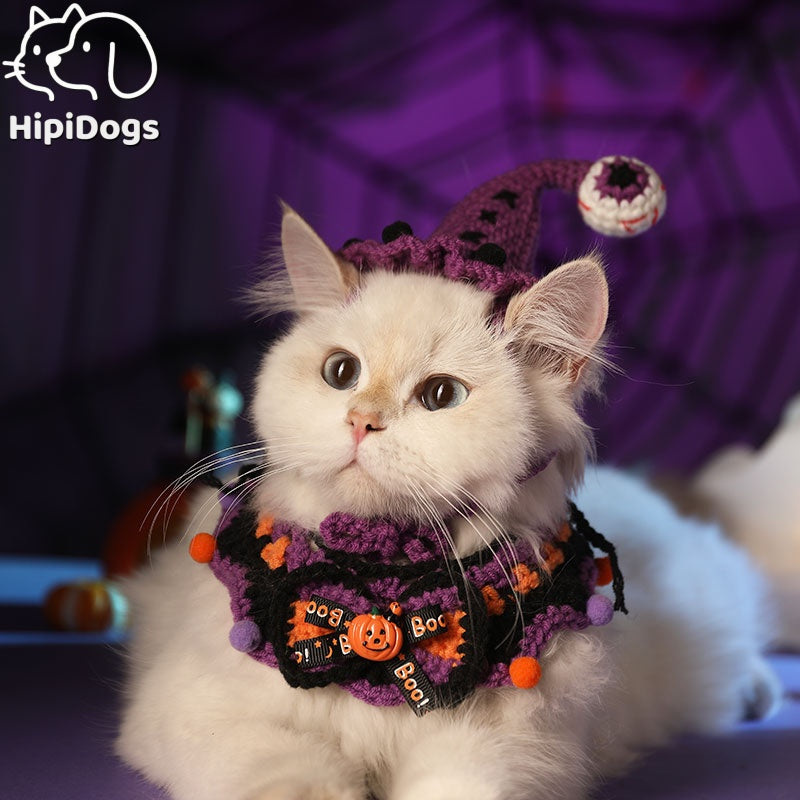 Crochet Halloween Cat Collar – Purple Black Ruffle Pet Costume with Pumpkin Bow