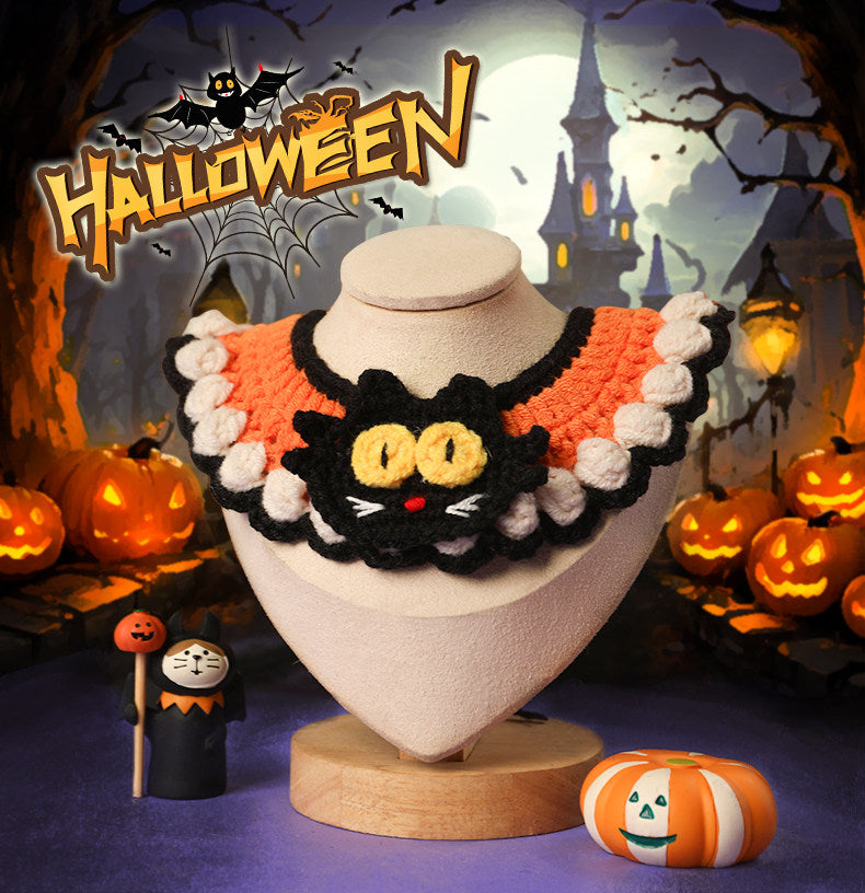 Crochet Halloween Cat Collar – Orange Black Bat Wing Pet Costume with 3D Cat