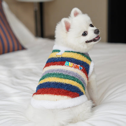 Warm Plush Striped Dog Hoodie – Soft Winter Pet Sweater with Hood for Small Dogs