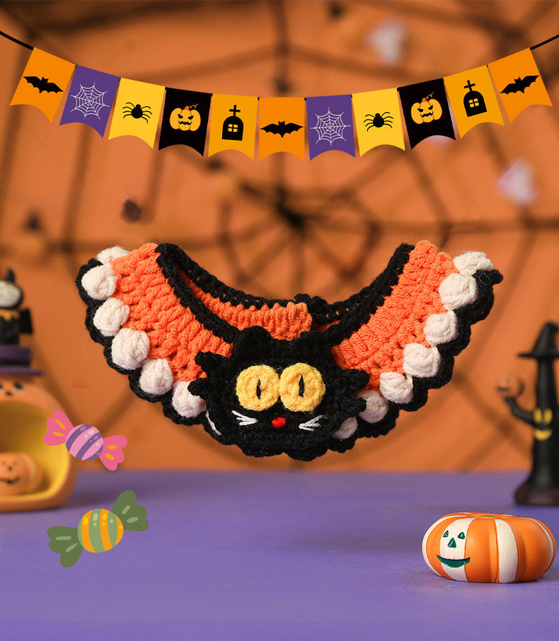 Crochet Halloween Cat Collar – Orange Black Bat Wing Pet Costume with 3D Cat