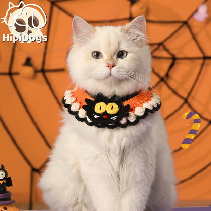Crochet Halloween Cat Collar – Orange Black Bat Wing Pet Costume with 3D Cat