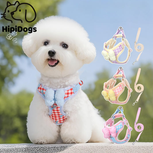 Cute Bow Dog Harness and Leash Set – Adjustable Soft Vest Harness for Small Dogs, Breathable No Pull Puppy Harness