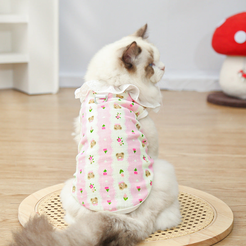 Bear Print Pet Shirt – Cute Lace Collar Summer Fit
