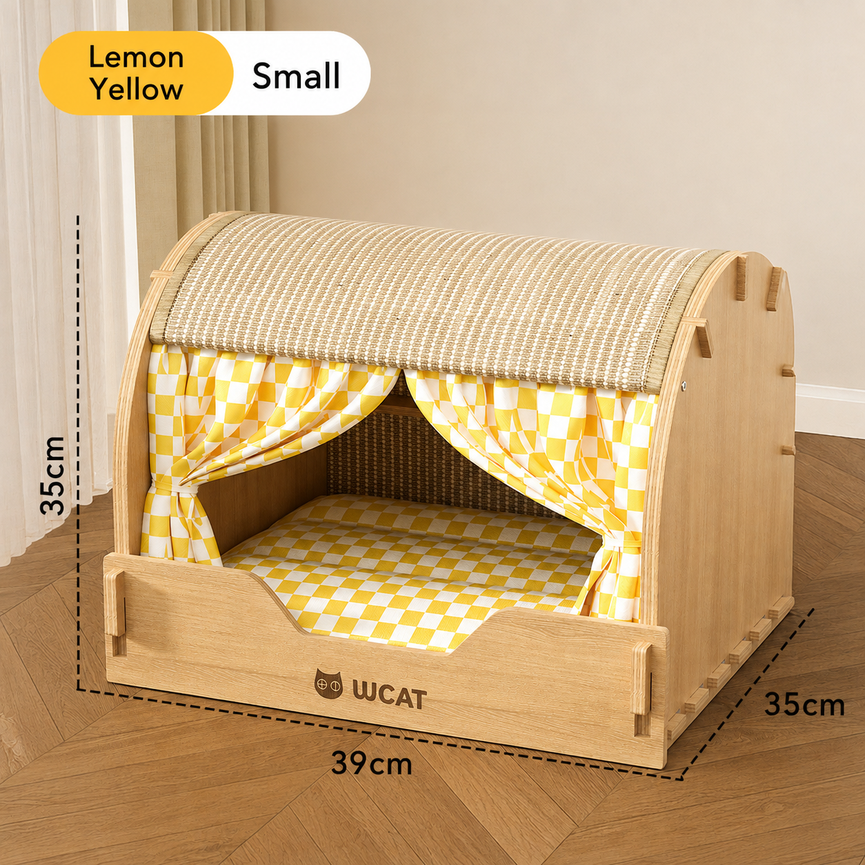 Wooden Cat House with Scratching Roof & Cushioned Bed – Indoor Cat Condo with Privacy Curtains