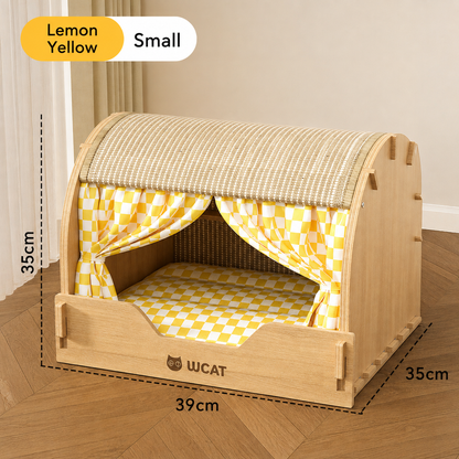 Wooden Cat House with Scratching Roof & Cushioned Bed – Indoor Cat Condo with Privacy Curtains