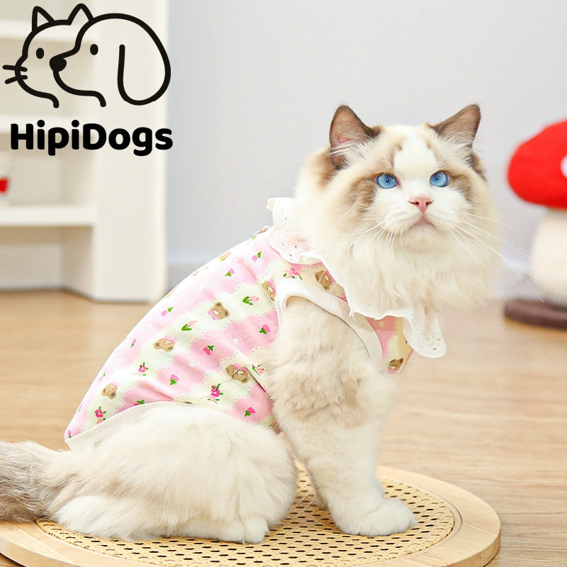 Bear Print Pet Shirt – Cute Lace Collar Summer Fit