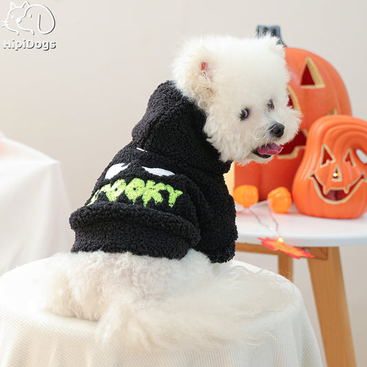 Spooky Halloween Sherpa Pet Hoodie – Black Fleece Costume for Small Dogs & Cats