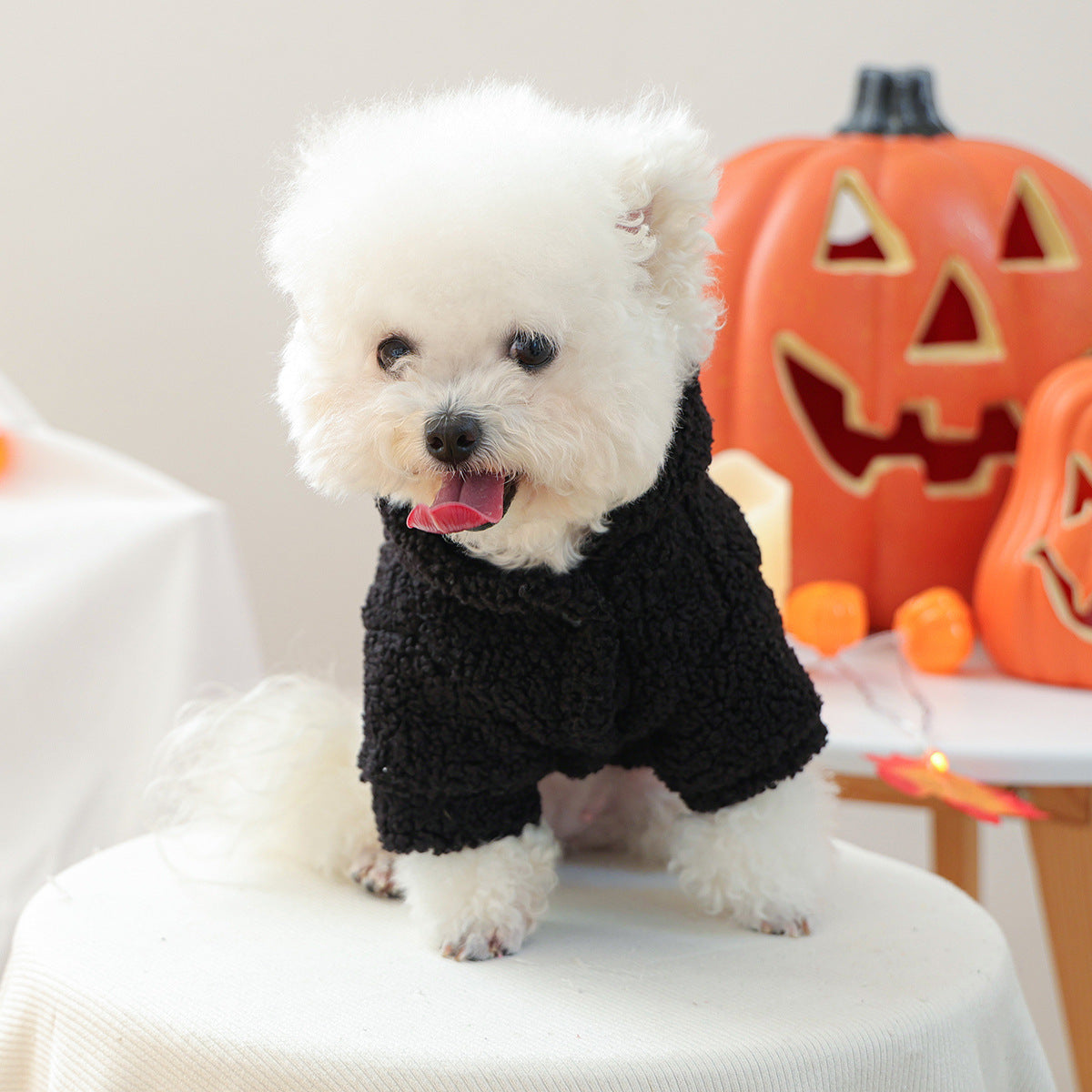 Spooky Halloween Sherpa Pet Hoodie – Black Fleece Costume for Small Dogs & Cats