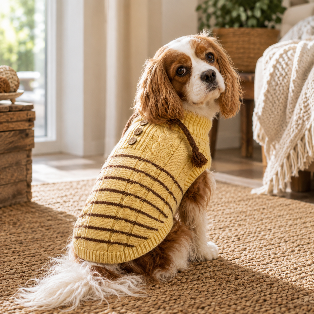 Soft Knitted Dog Sweater – Cable Knit Turtleneck Pullover with Striped Pattern & Tassel Detail