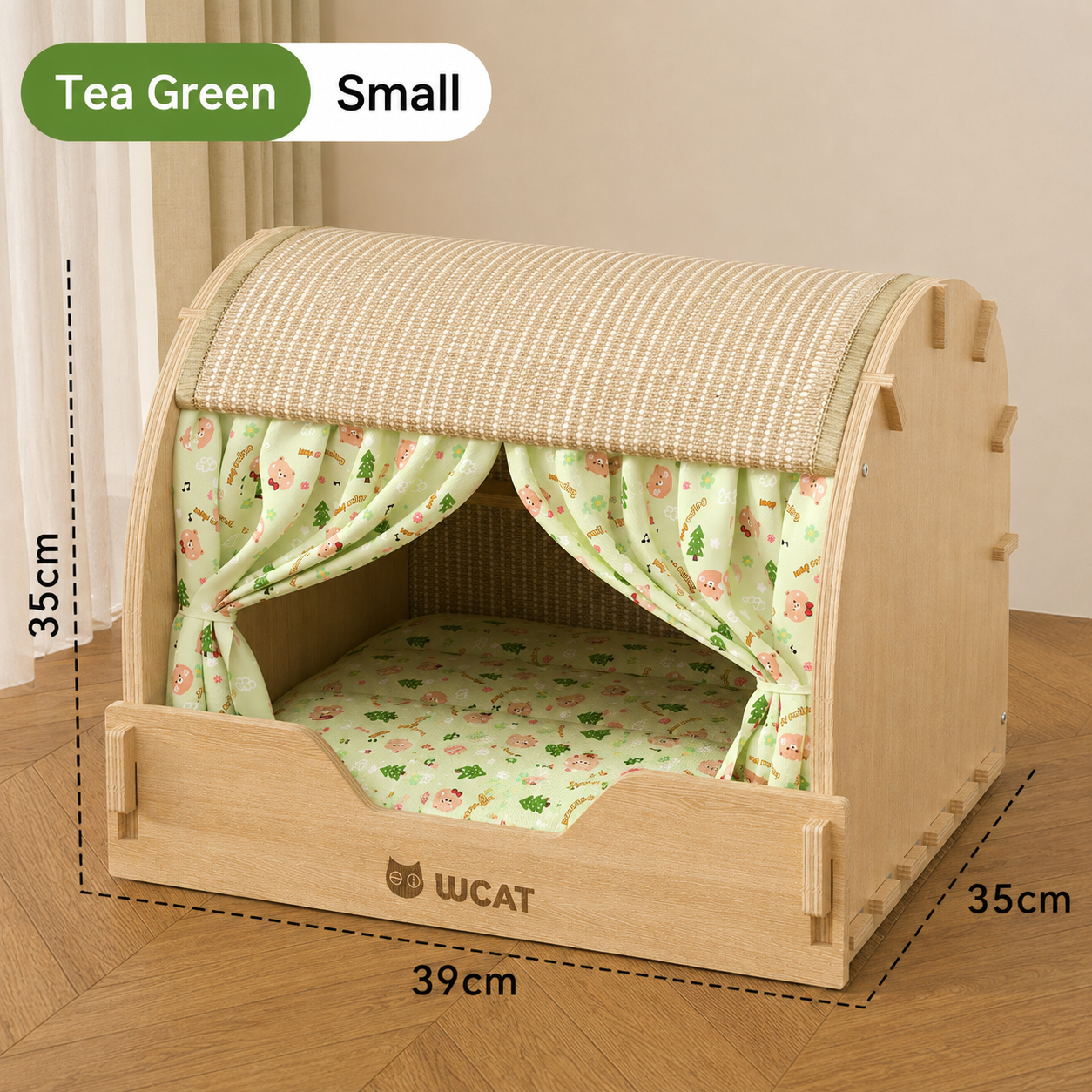 Wooden Cat House with Scratching Roof & Cushioned Bed – Indoor Cat Condo with Privacy Curtains