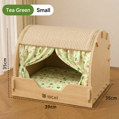 Wooden Cat House with Scratching Roof & Cushioned Bed – Indoor Cat Condo with Privacy Curtains