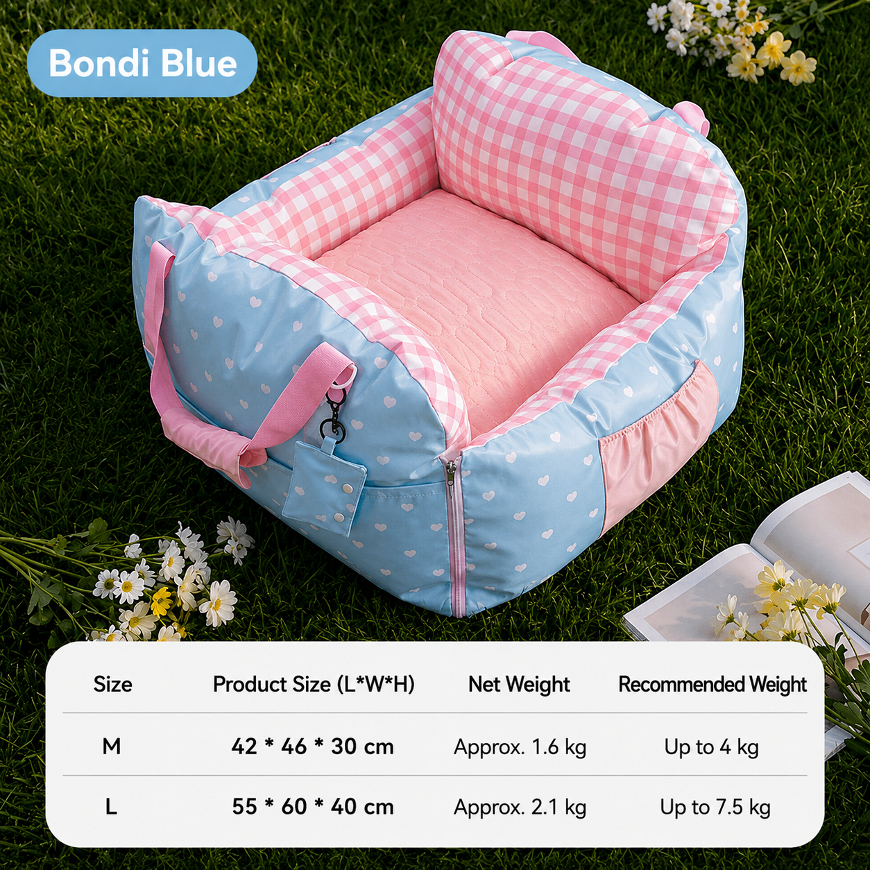 Portable Dog Car Seat Bed with Padded Sides & Storage Pocket