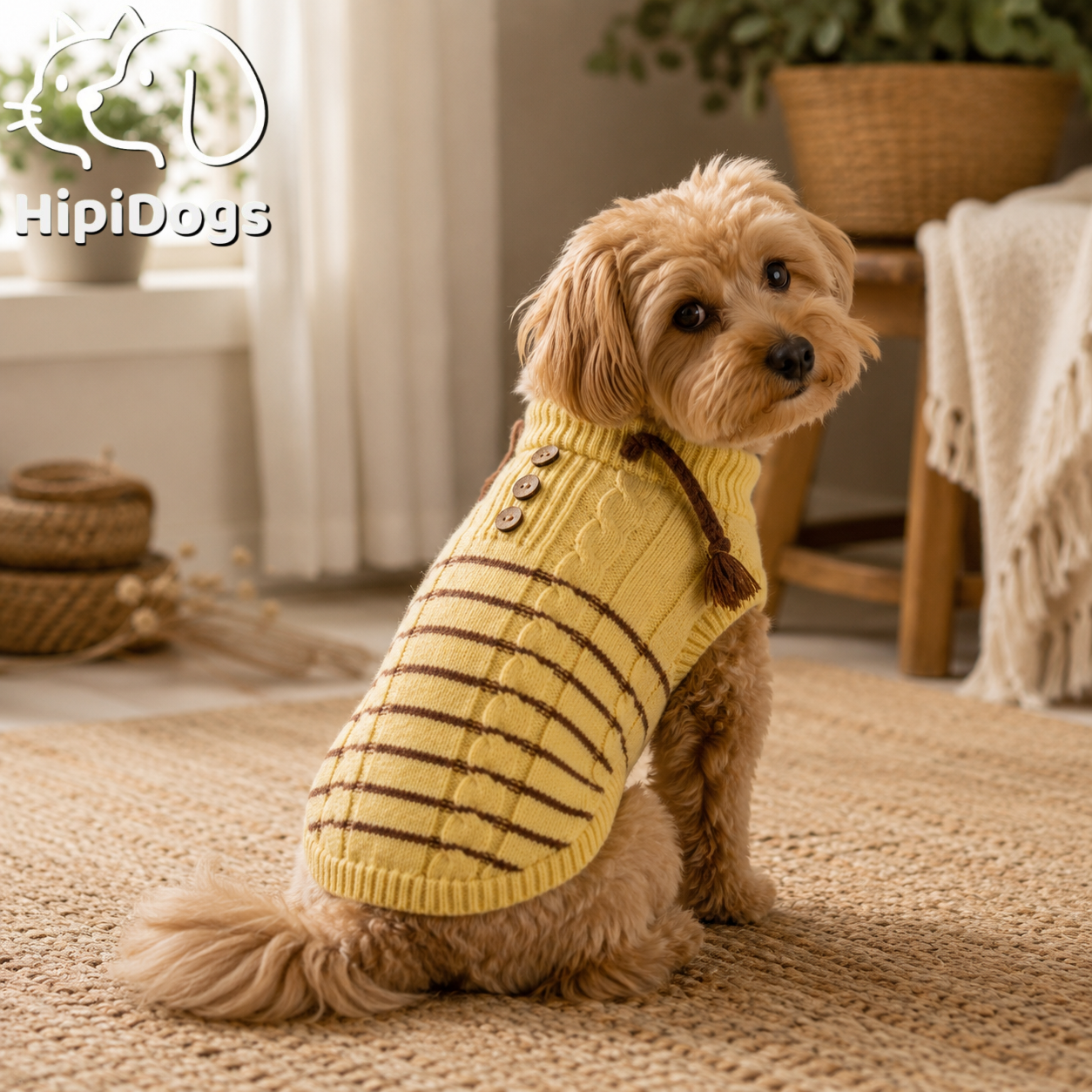 Soft Knitted Dog Sweater – Cable Knit Turtleneck Pullover with Striped Pattern & Tassel Detail