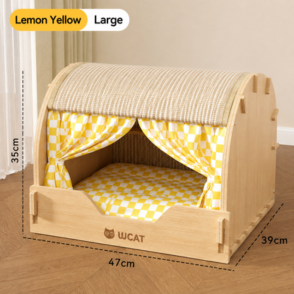Wooden Cat House with Scratching Roof & Cushioned Bed – Indoor Cat Condo with Privacy Curtains
