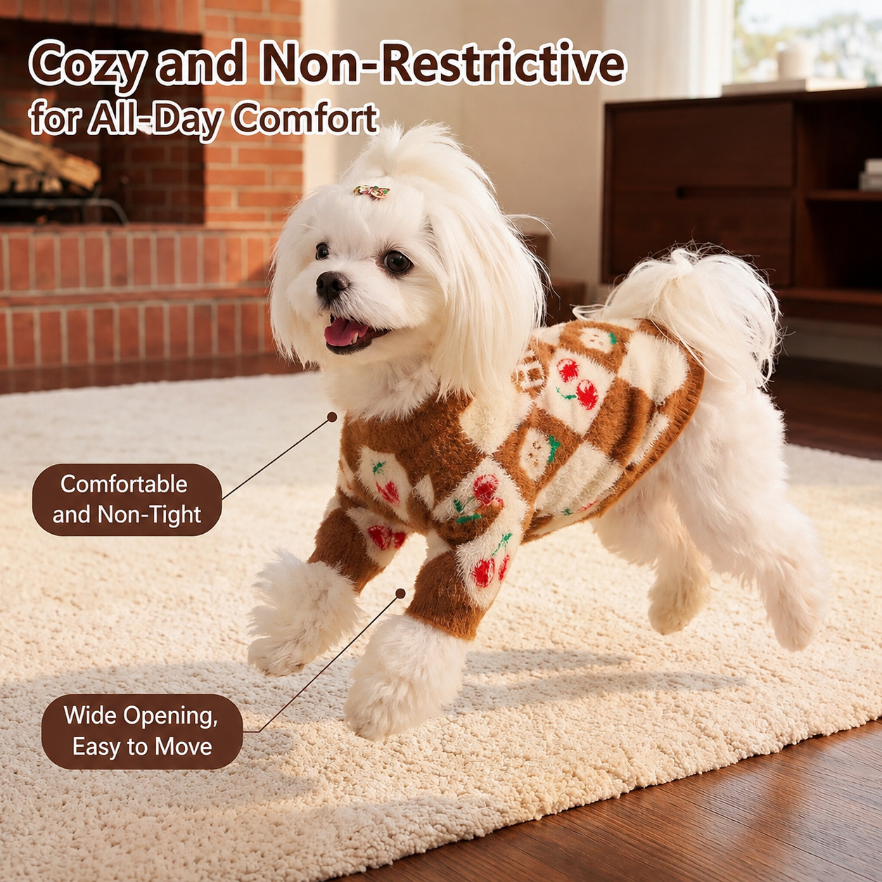 Cozy Cherry Argyle Dog Sweater – Soft Fuzzy Knit Pullover for Cool Weather