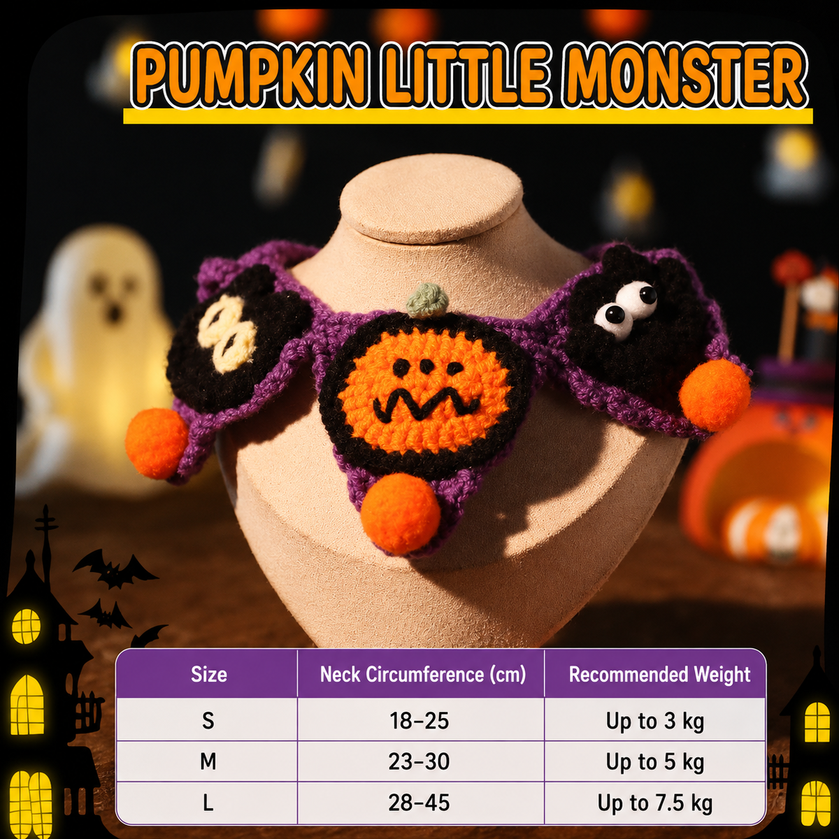 Crochet Halloween Pet Collar – Handmade Ghost Pumpkin Cat & Dog Costume Neckwear