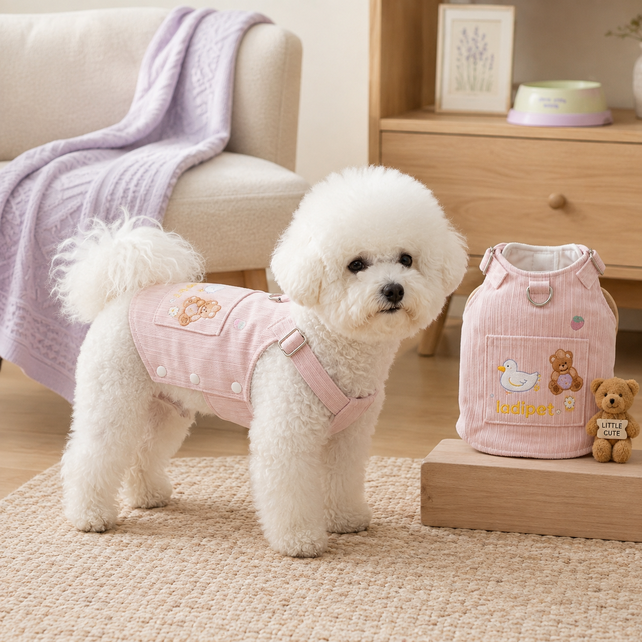 Cute Denim Canvas Dog Harness Vest – Adjustable Puppy Walking Harness with Cartoon Pocket Detail