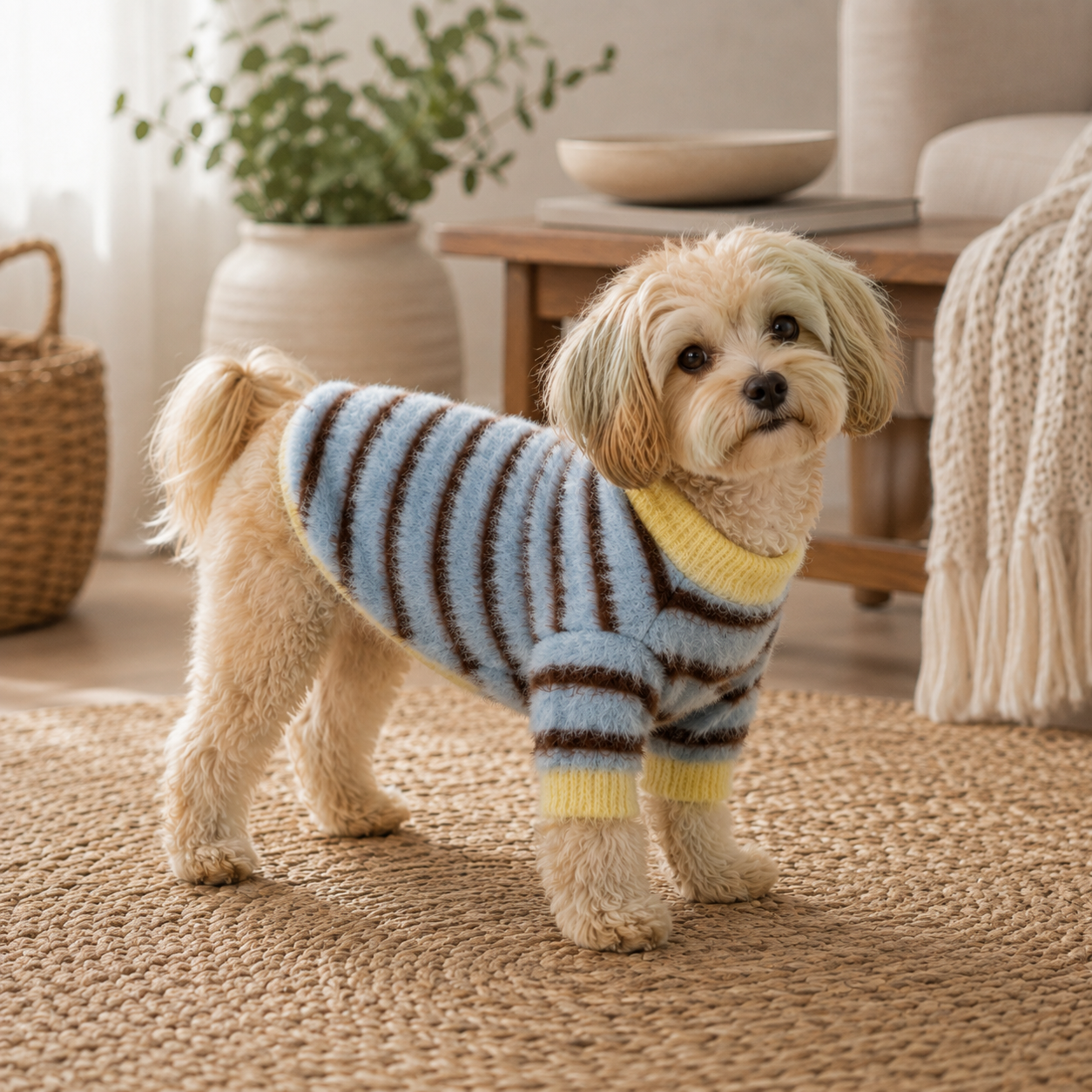 Soft Striped Knitted Dog Sweater – Cozy Winter Pullover with Cute Snowman Design