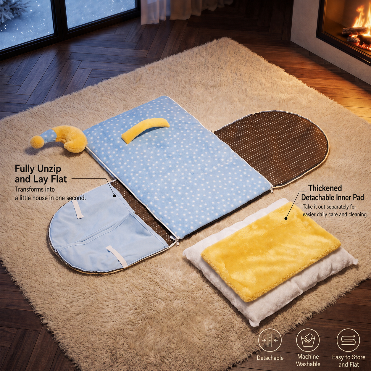Cozy Enclosed Dog House Bed – Warm Plush Pet Cave with Curtains & Carry Handle for Dogs and Cats
