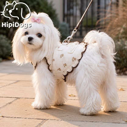 Vintage Floral Dog Harness Vest – Ruffle Trim Walking Harness with Leash Attachment