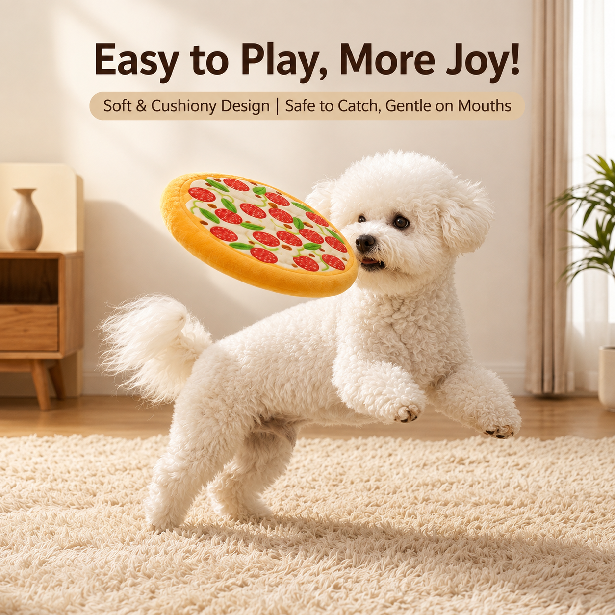 Cute Plush Dog Toy – Pizza & Lion Round Squeaky-Style Play Toy