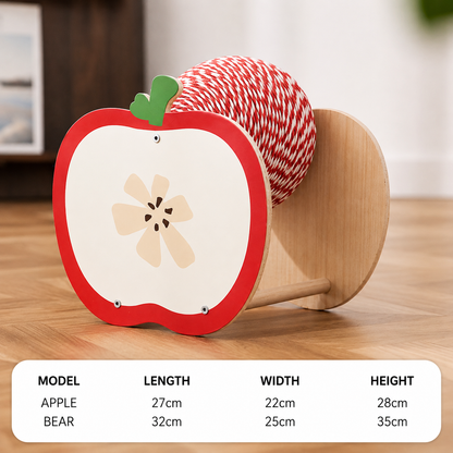 Apple & Bear Wooden Cat Scratcher – Cute Cartoon Sisal Ball Scratching Toy for Indoor Cats