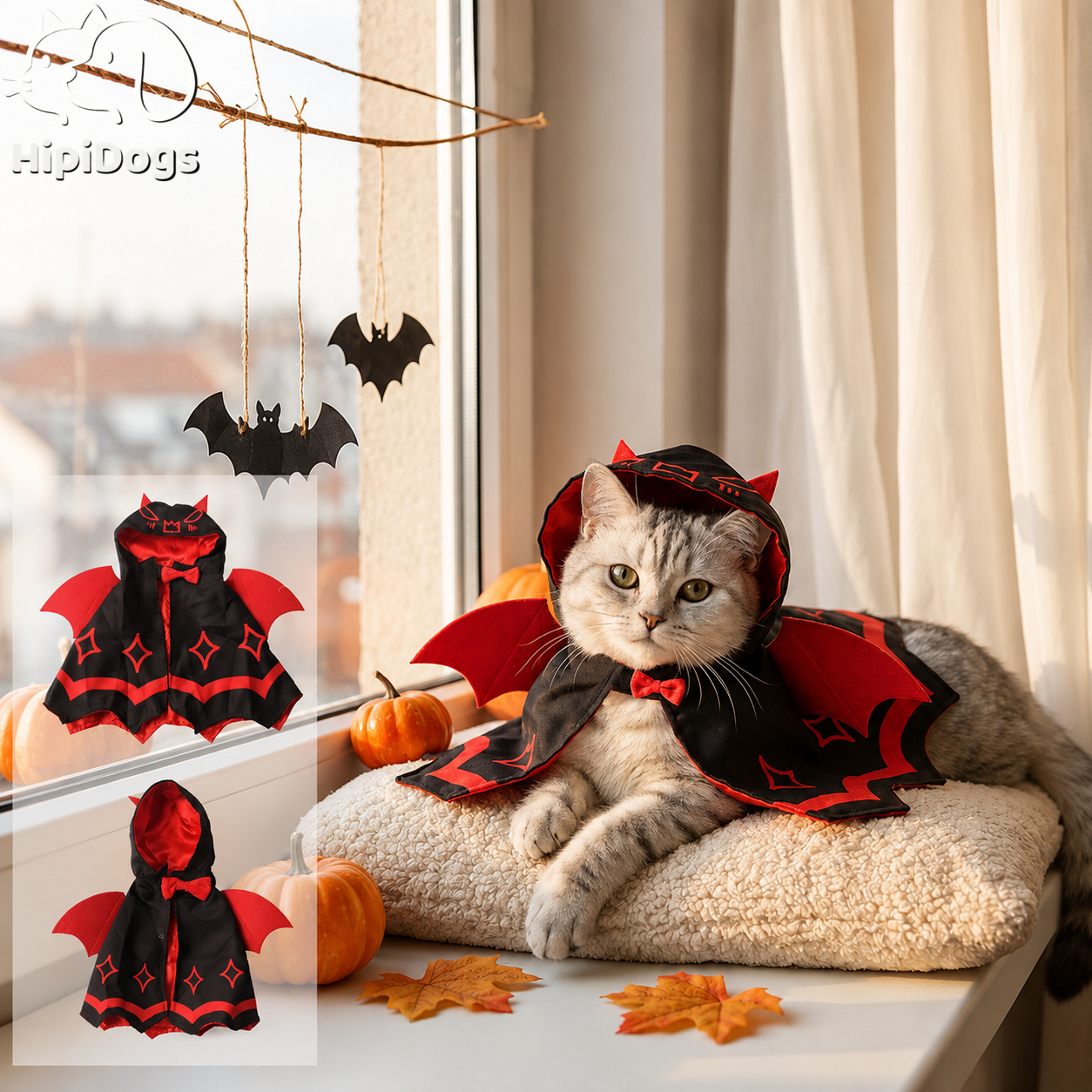 Halloween Cat Costume – Vampire Bat Cape with Hood & Wings for Cats and Small Dogs