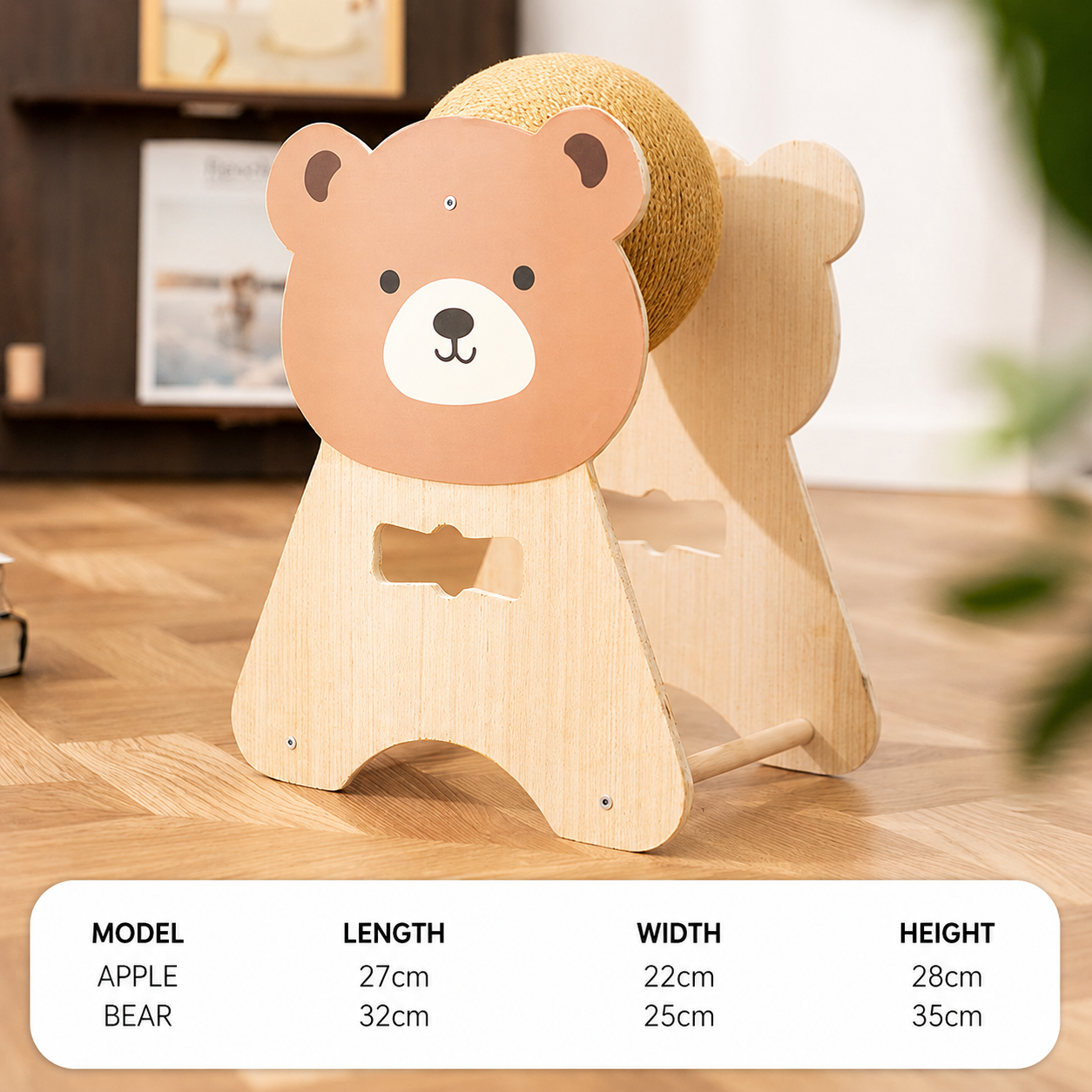 Apple & Bear Wooden Cat Scratcher – Cute Cartoon Sisal Ball Scratching Toy for Indoor Cats