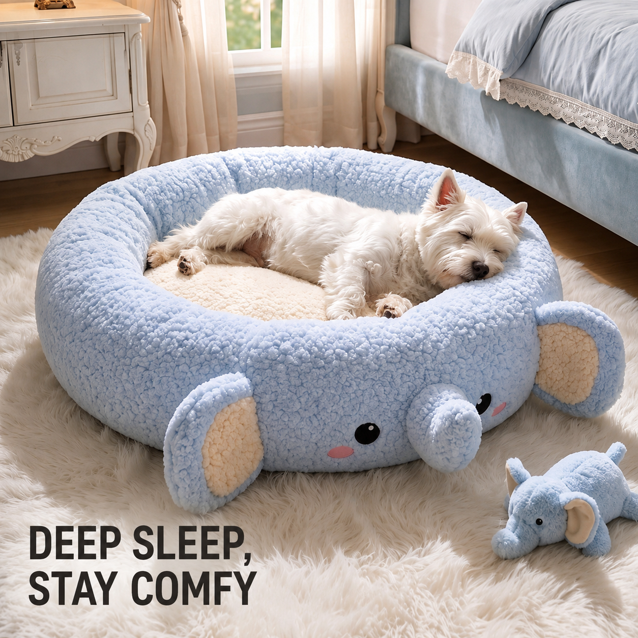 Cute Cartoon Plush Pet Bed for Dogs & Cats – Cozy Round Nest with Raised Sides