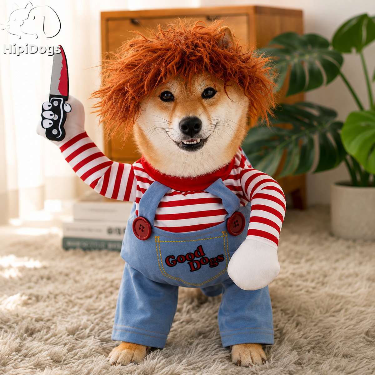 Killer Doll Dog Costume – Halloween Pet Costume with Red Striped Shirt, Overalls & Orange Wig