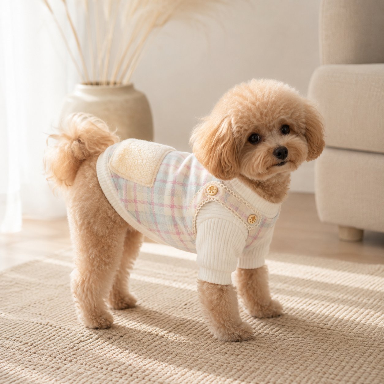 Plaid Fleece Dog Vest – Cozy Winter Pet Jacket with Sherpa Collar & Pocket Detail